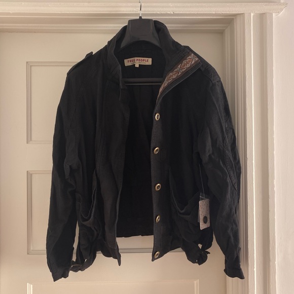 Free People Jayde Linen Bomber Jacket Black Small - Picture 6 of 12